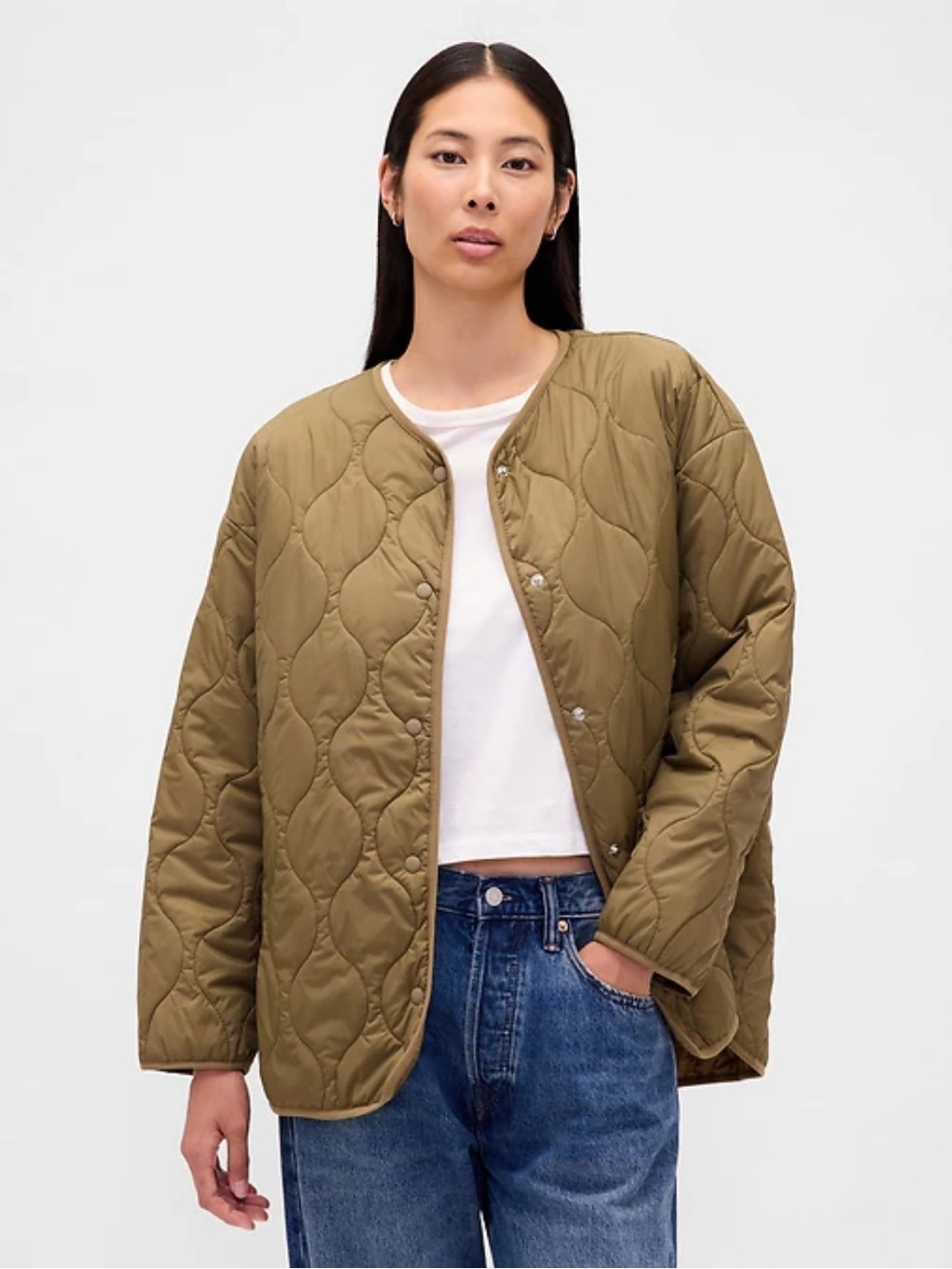 NWT GAP Recycled Lightweight Oversized Quilted Liner Jacket - Dried Moss Green S